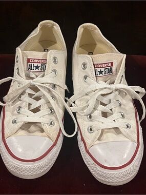 Converse White Canvas Low-Top Sneakers with Red Stripe